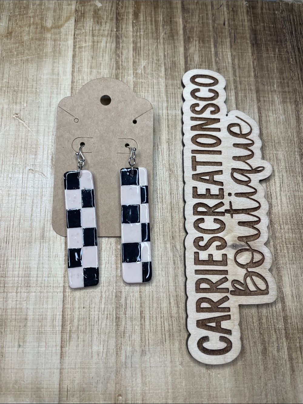 Handmade Black and Cream Checkerboard Dangle Earrings